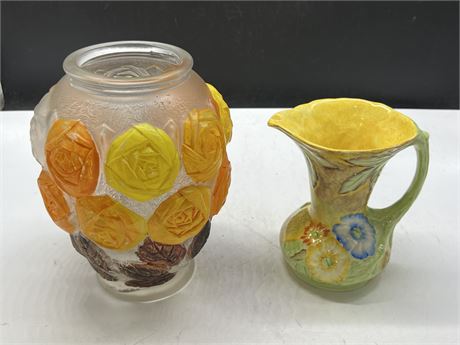 1920s HAND PAINTED JAMES KENT VASE / JUG & ART DECO FROSTED GLASS VASE (10”)