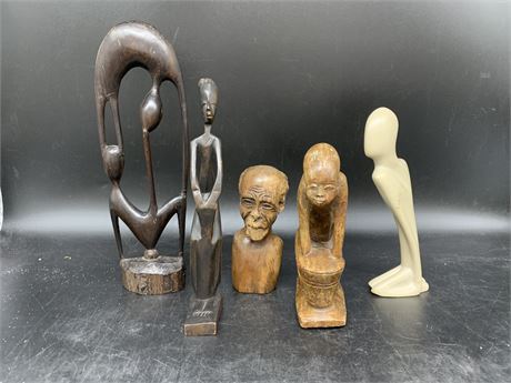 5 AFRICAN CARVINGS (stone & wood)