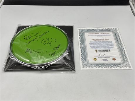 ‘COWBOY JUNKIES’ BAND SIGNED DRUMHEAD MOUNTED IN CHROME DRUM RING W/COA
