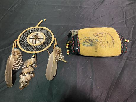 INDIGENOUS DREAM CATCHER & BAG W/WOOD CHIPPINGS INSIDE