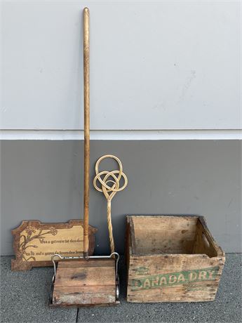 VINTAGE CANADA DRY CRATE, RUG BEATER, CARPET SWEEPER, WOOD SIGN
