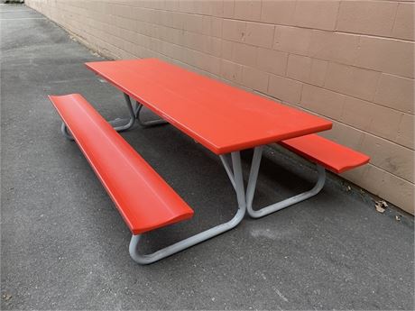 LARGE ALUMINUM ORANGE TABLE TOP 8FT x 29” / BENCHES 8FT x 12”