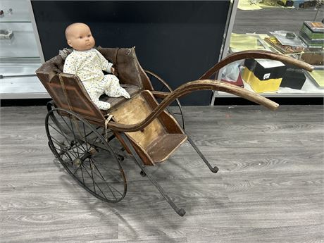 ANTIQUE WOOD/METAL BABY CARRIAGE W/DOLL