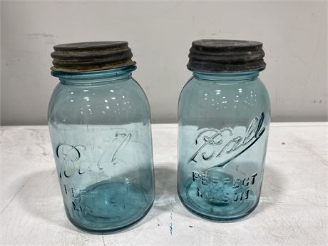 2 ANTIQUE GLASS CANNING JARS (7” tall)