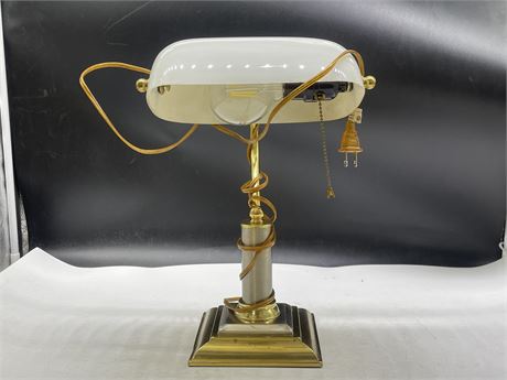 GLASS BRASS BANKERS LAMP 14”