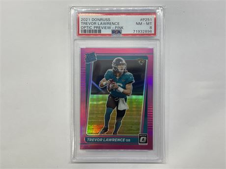 PSA 8 2021 ROOKIE TREVOR LAWRENCE OPTIC PREVIEW PINK PANINI NFL CARD