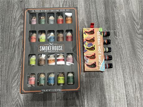 NEW 20PACK SMOKEHOUSE SPICE SET & NEW 5PACK GLOBAL HOT SAUCES