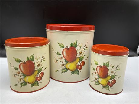 SET OF 3 MCM DECO WARE METAL CANISTERS (TALLEST 7.5”)