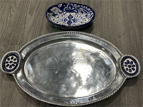 VINTAGE MADE IN MEXICO DECORATIVE SERVING TRAY & DISH - TRAY IS 18” X 11”