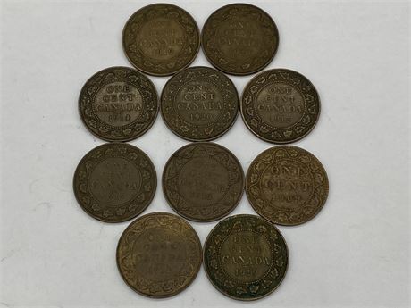 10 CANADIAN LARGE CENTS 1909-1920