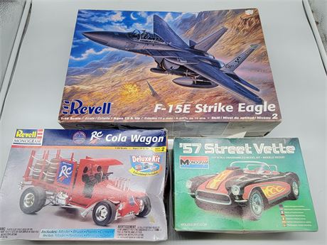 REVELL MONOGRAM MODEL KITS - 757 STREET VETTE, F15E STRIKE EAGLE & RC COLA WAGON