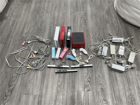 5 WII CONSOLES INCL: WII MINI’S, CORDS, & CONTROLLERS (MISSING 2 MOTION SENSORS-