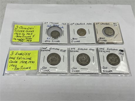 3 CDN SILVER DIMES 1963 - 1965 & 3 ENGLISH SILVER ONE SHILLINGS 1928,1940 & 1942