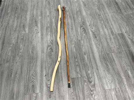 2 WALKING STICKS WITH LEATHER HANDSTRAPS - 5’ LONG