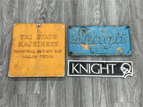 3 VINTAGE METAL PLAQUES / SIGNS (Largest is 12”x13”)