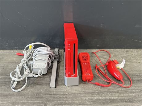 RED NINTENDO WII W/ CONTROLLERS, CORDS & STAND - SPECS IN PHOTOS