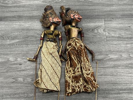 2 VINTAGE WAYANG HAND CARVED / PAINTED PUPPETS - 23” LONG