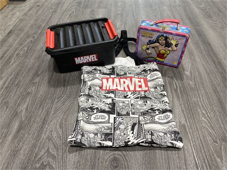 MARVEL/DC LOT-MARVEL BAG & BOX,WONDERWOMAN LUNCHBOX