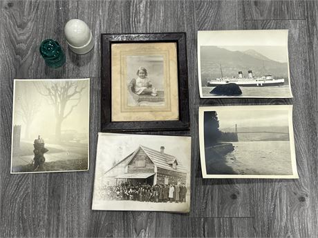 VINTAGE INSULATOR, WOOD FRAMED CHILDS PICTURE & 4 BOAT / VANCOUVER PICS