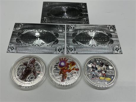 3 999 SILVER PLATED COINS - 2 MARVEL & 1 DISNEY
