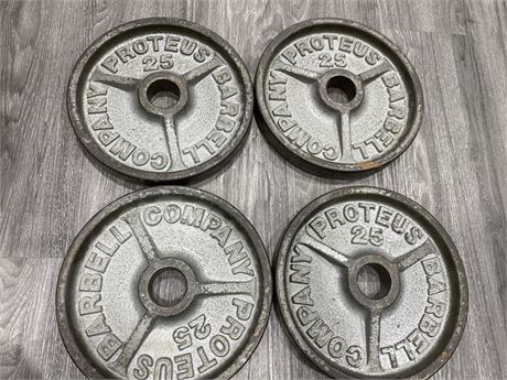 LOT OF 4 25IBS PROTEUS BARBELL PLATES 100IBS TOTAL