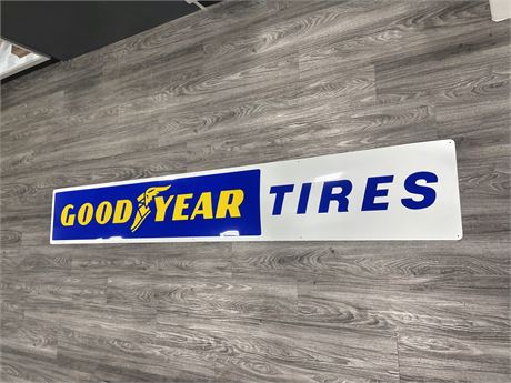 8FT x 14” NEW OLD STOCK VINTAGE METAL GOOD YEAR TIRES SIGN W/ ORIGINAL BOX