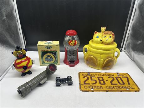 LOT OF COLLECTABLES - ARMY LIGHT, OPERA GLASSES, ART GLASS & ECT