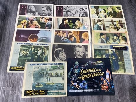 13 VINTAGE FRENCH CANADIAN LOBBY CARDS & METAL TIN ART