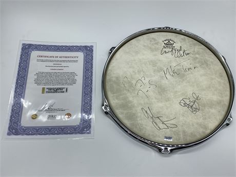 COWBOY JUNKIES BAND-SIGNED DRUMHEAD MOUNTED IN CHROME DRUM FRAME (13.5”)