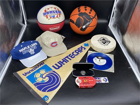 WHITECAPS COLLECTABLES, 2 BASKETBALLS, NEW NHL HATS, & GLEN HALL COLLECTABLE