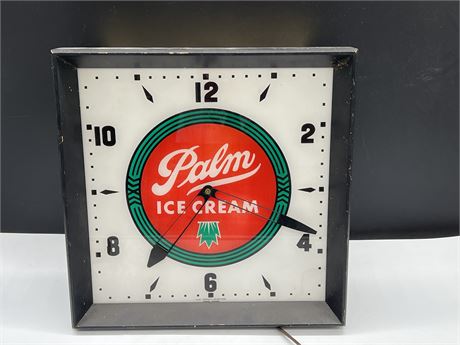 VINTAGE PALM ICE CREAM CLOCK - WORKING - 16”x15”