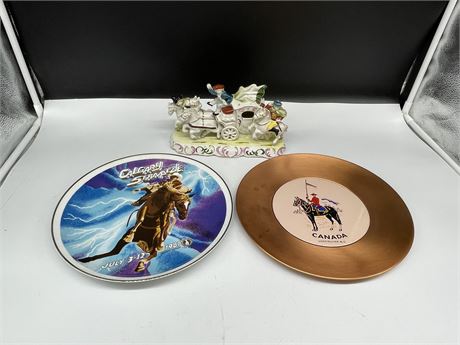 CALGARY STAMPEDE 1981 PLATE + COPPER RCMP PLATE & VICTORIAN HORSE CARRIAGE