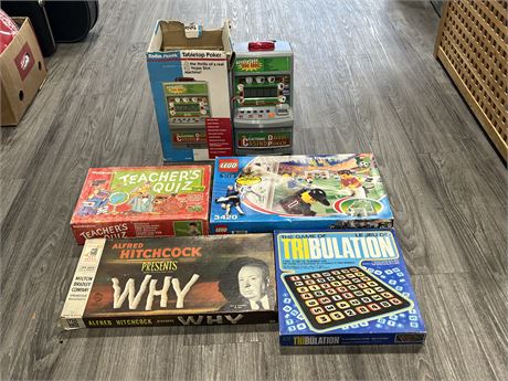 LOT OF VINTAGE GAMES, OPEN BOX LEGO, ELECTRIC SLOT MACHINE & ECT