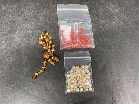 BAG OF RED CORAL, BALTIC AMBER & FRESH WATER PEARLS
