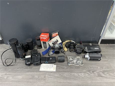LOT OF VINTAGE CAMERAS, LENSES, FLASHES & ECT