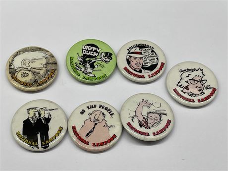 7 VINTAGE NATIONAL LAMPOON’S BADGES / PINS