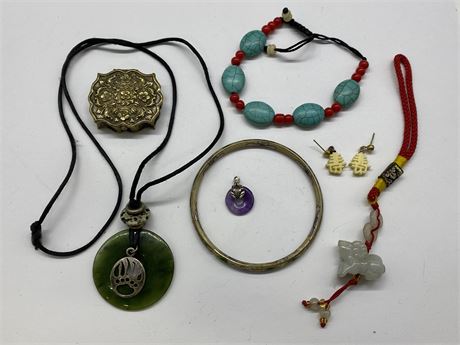 CHINESE CORAL, JADE, TURQUOISE, CLOISONNÉ JEWELRY W/PILL BOX