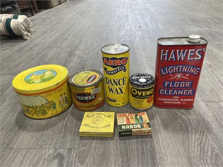 7 VINTAGE TINS (SOME WITH PRODUCT INSIDE)