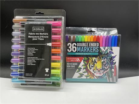 NEW ARTMINDS FABRIC INK MARKERS & 36 NEW LEISURE ARTS DOUBLE ENDED MARKERS