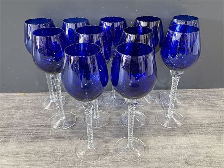 SET OF 11 BLUE STEAM-WARE GLASSES (11.5” TALL)