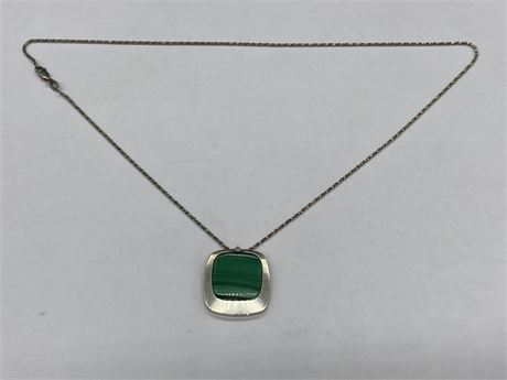GREEN AND STERLING PENDANT W/ CHAIN - CHAIN 20” LONG