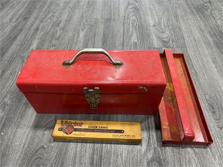 RED TOOL BOX 16” WIDE + VICTOR HACK SAWS IN CASE