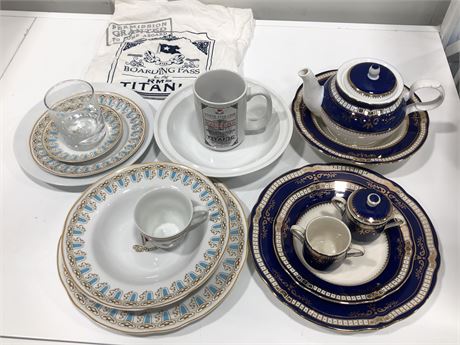 ASSORTED TITANIC REPLICA DISH WARE AND SHIRT SIZE SMALL