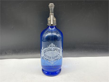 VINTAGE BLUE SELTZER BOTTLE W/ ORIGINAL GLASS TUBE - 12” TALL