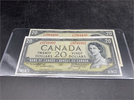 2 -1954 CANADIAN $20 NOTES BEATTIE/COYNE (bi-lingual)