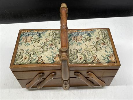 RETRO WOOD FOLD OUT TABLE TOP SEWING BOX