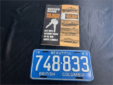 VINTAGE BC LICENSE PLATE W/ ‘69 BUYERS GUIDE