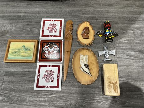 SIGNED NATIVE WOOD CARVING 14” + 2 WOOD WALL HANGING PIECES + TOTEMS +