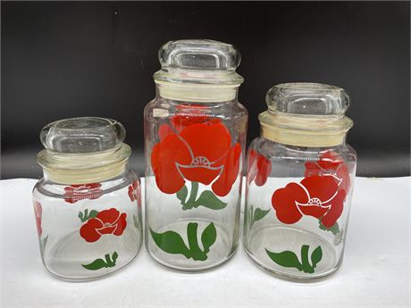 ANCHOR HOCKING FOXY FLOWERS POPPY STORAGE GLASS CANISTERS - SET OF 3 MCM (9”)