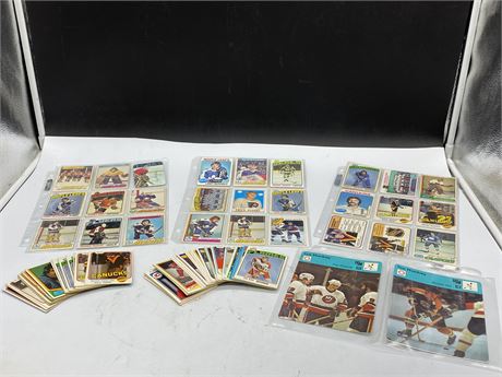 1970/80 NHL CARD LOT - 3 BINDER PAGES, 2 DECKS & SPORTSCASTER CARDS